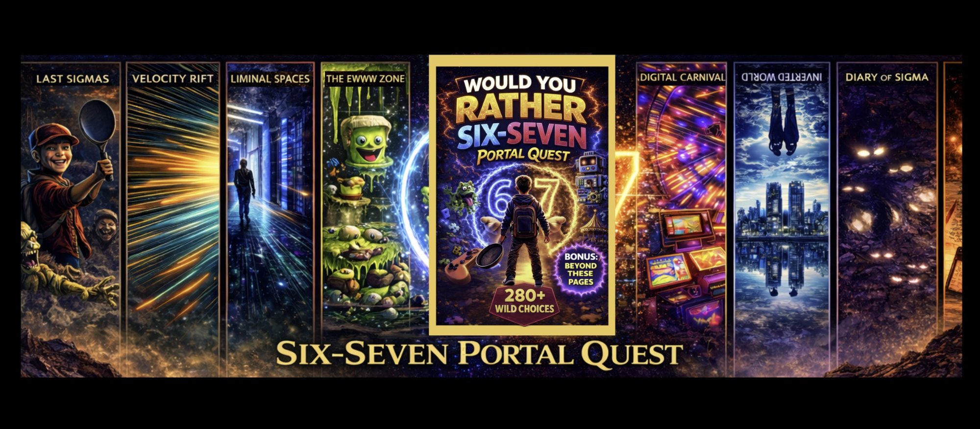 All nine dimensions of Six-Seven Portal Quest illustrated: Last Sigmas zombie survival, Velocity Rift speed challenges, Liminal Spaces eerie halls, The Ewww Zone gross-out questions, Error 6-7 glitch portal, Digital Carnival chaos, Inverted World, and Diary of a Sigma