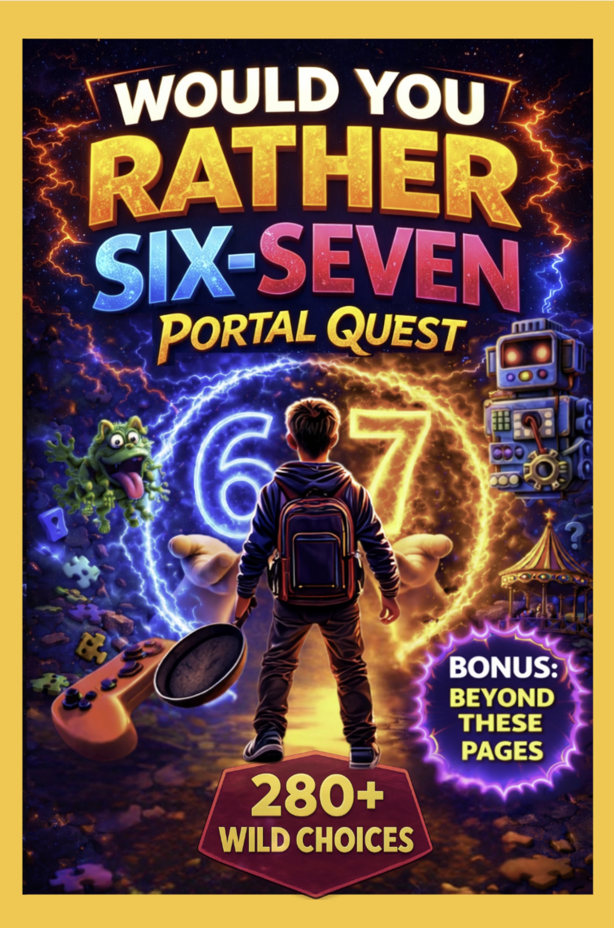 Six-Seven Portal Quest book cover — a boy with a backpack stands before glowing 6 and 7 portals surrounded by monsters, robots, and carnival rides